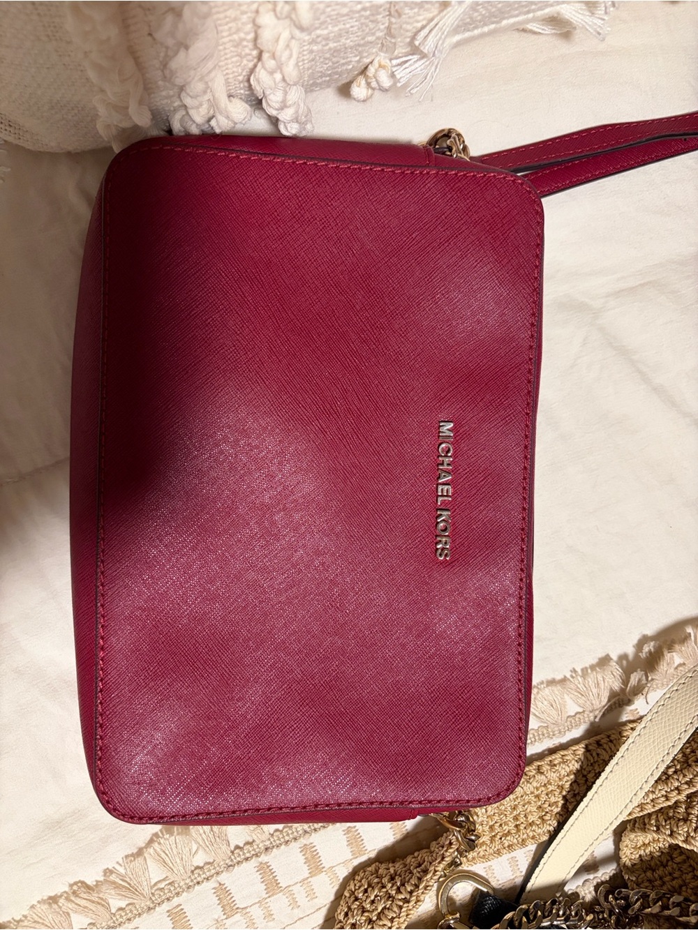 Michael Kors Red Leather Crossbody Purse with Gold Chain (Used) - Picture 8 of 11